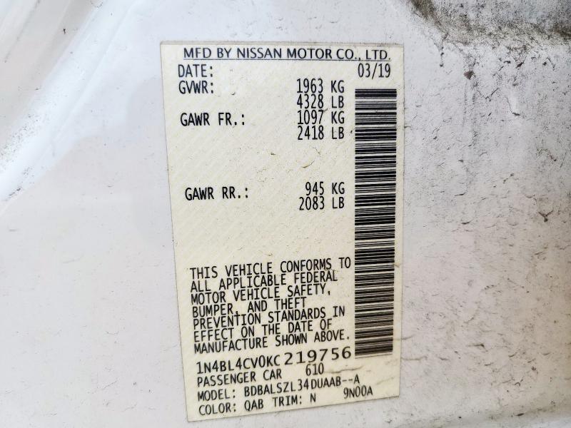 2019 NISSAN ALTIMA SR - 1N4BL4CV0KC219756