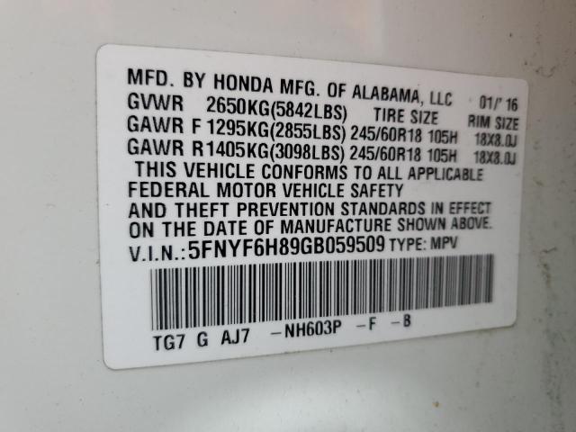 2016 HONDA PILOT EXL - 5FNYF6H89GB059509