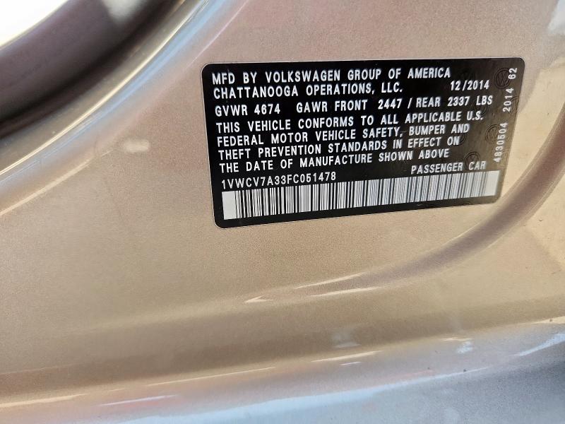 2015 VOLKSWAGEN PASSAT SEL 1VWCV7A33FC051478