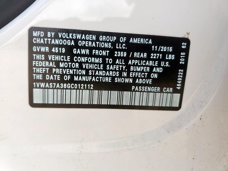 2016 VOLKSWAGEN PASSAT S - 1VWAS7A36GC012112
