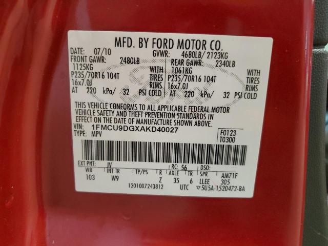 2010 FORD ESCAPE XLT - 1FMCU9DGXAKD40027