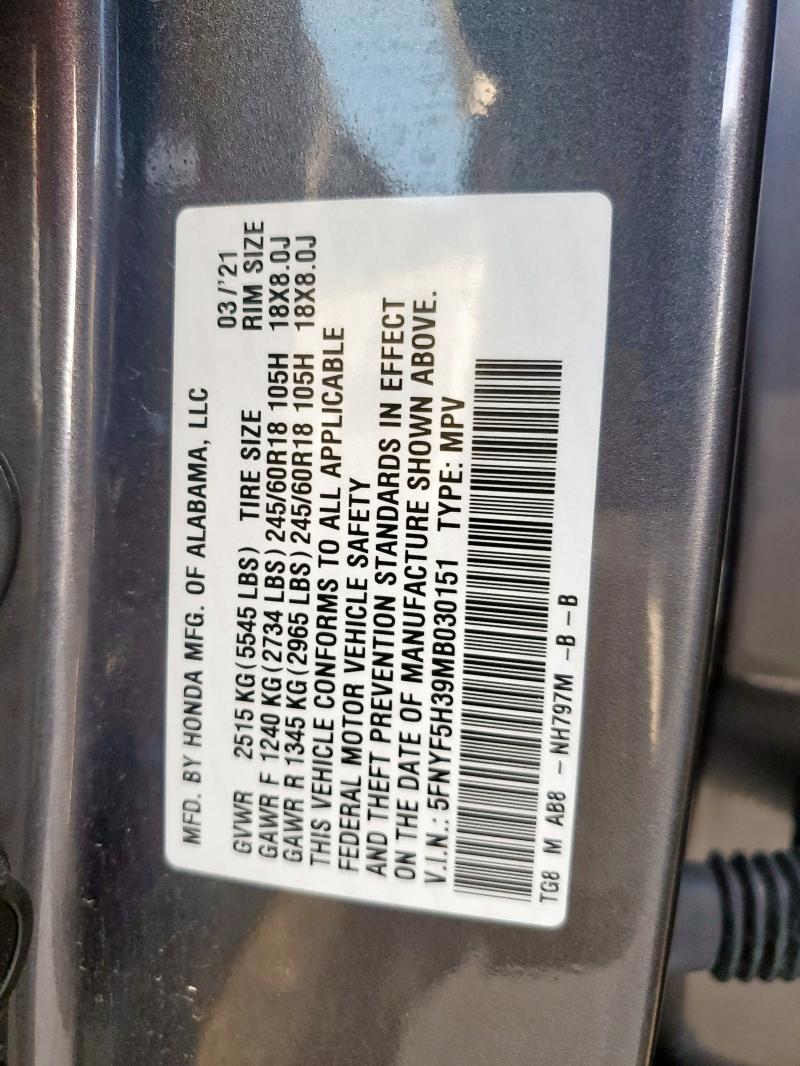 2021 HONDA PILOT EX 5FNYF5H39MB030151