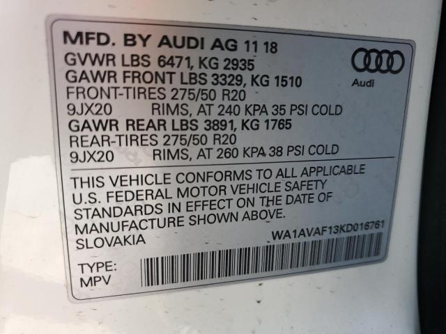 2019 AUDI Q8 PREMIUM WA1AVAF13KD016761