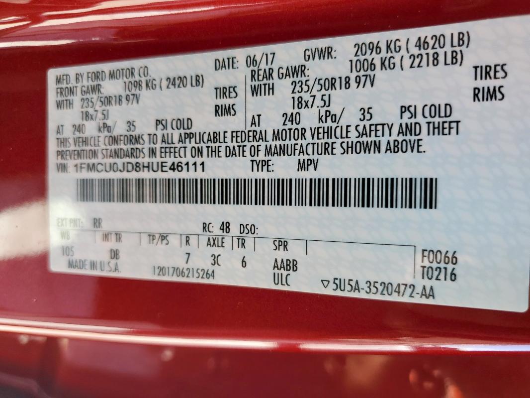 2017 FORD ESCAPE TIT - 1FMCU0JD8HUE46111