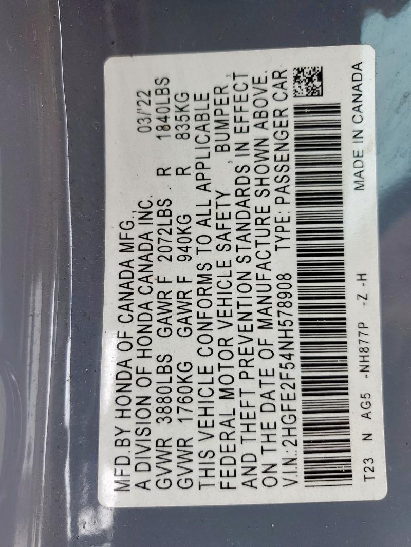 2022 HONDA CIVIC SPOR - 2HGFE2F54NH578908