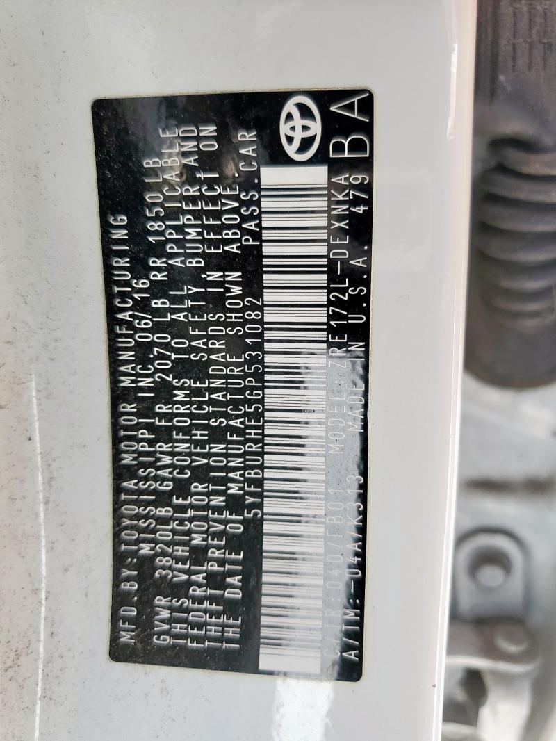 2016 TOYOTA COROLLA L - 5YFBURHE5GP531082