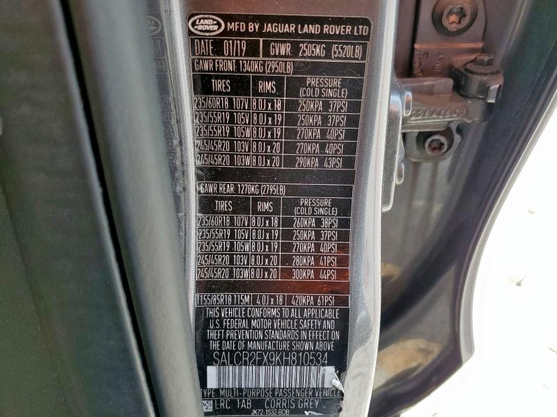2019 LAND ROVER DISCOVERY - SALCR2FX9KH810534