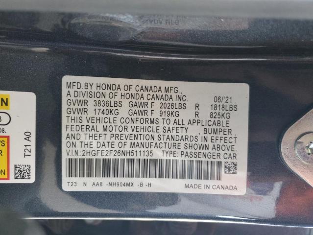 2022 HONDA CIVIC LX 2HGFE2F26NH511135