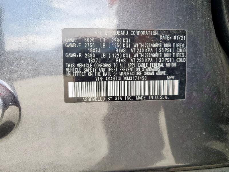 2021 SUBARU OUTBACK ON 4S4BTGLD0M3174450