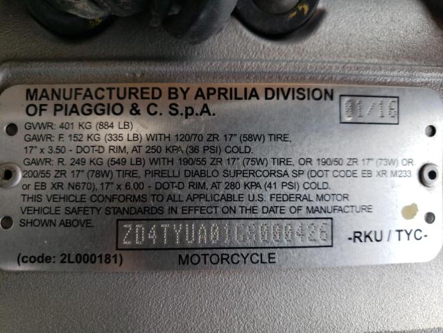 2016 APRILIA TUONO V4 1 ZD4TYUA01GS000426