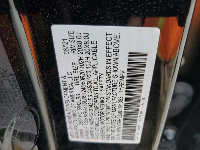 2021 HONDA PILOT TOUR 5FNYF6H92MB091383