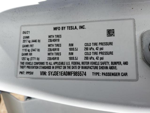 2021 TESLA MODEL 3 - 5YJ3E1EA0MF985574