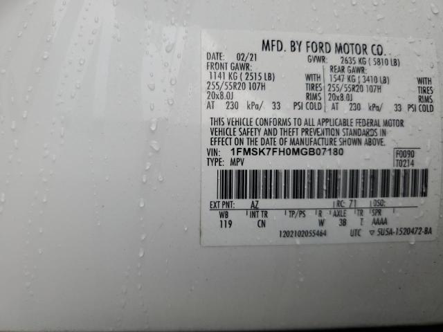 2021 FORD EXPLORER L - 1FMSK7FH0MGB07180