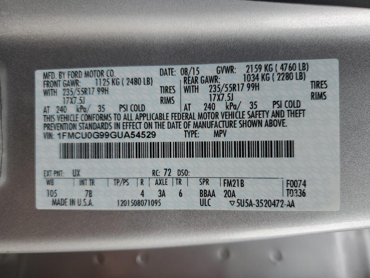 Lot #3301822326 2016 FORD ESCAPE SE