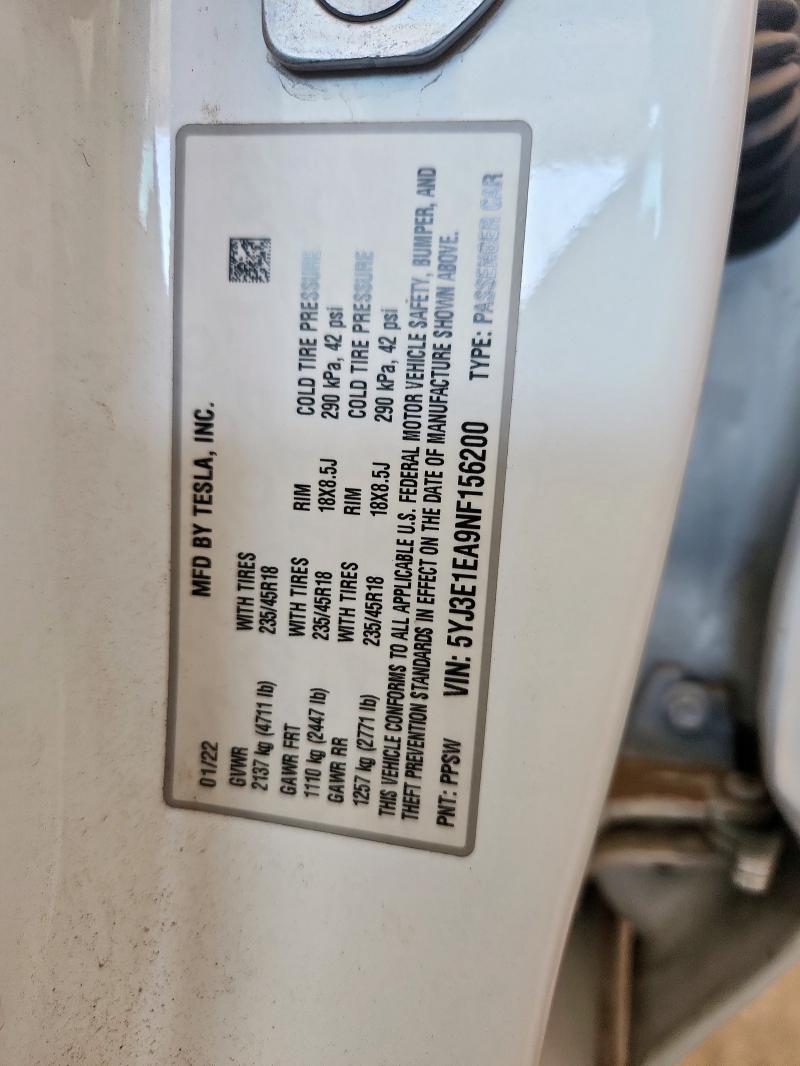 2022 TESLA MODEL 3 5YJ3E1EA9NF156200