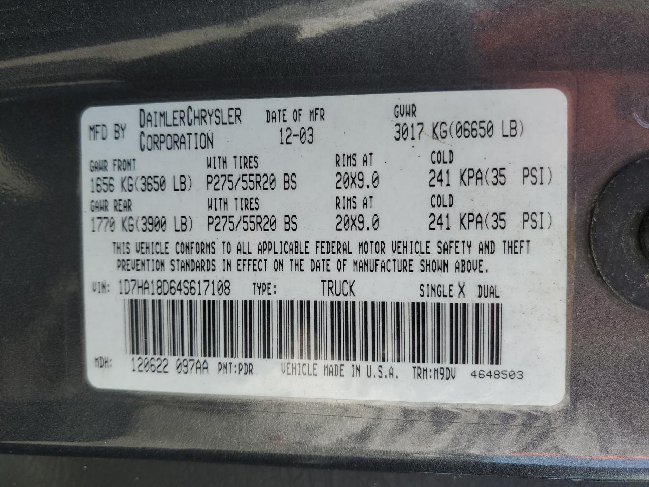 Lot #3285966557 2004 DODGE RAM 1500 S