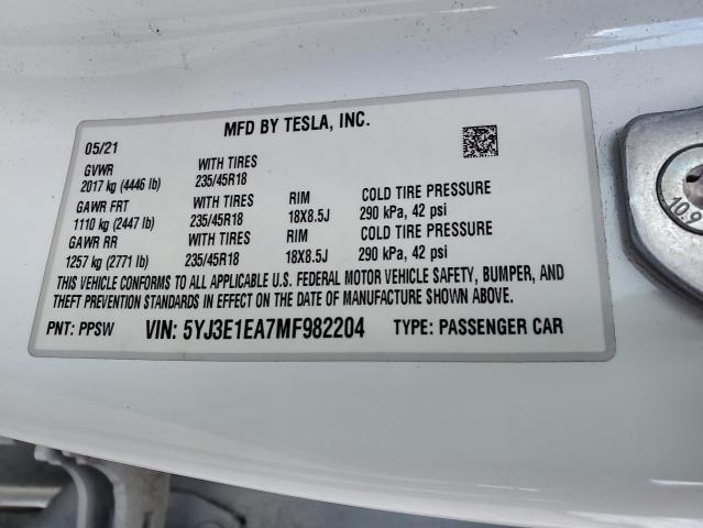 2021 TESLA MODEL 3 5YJ3E1EA7MF982204