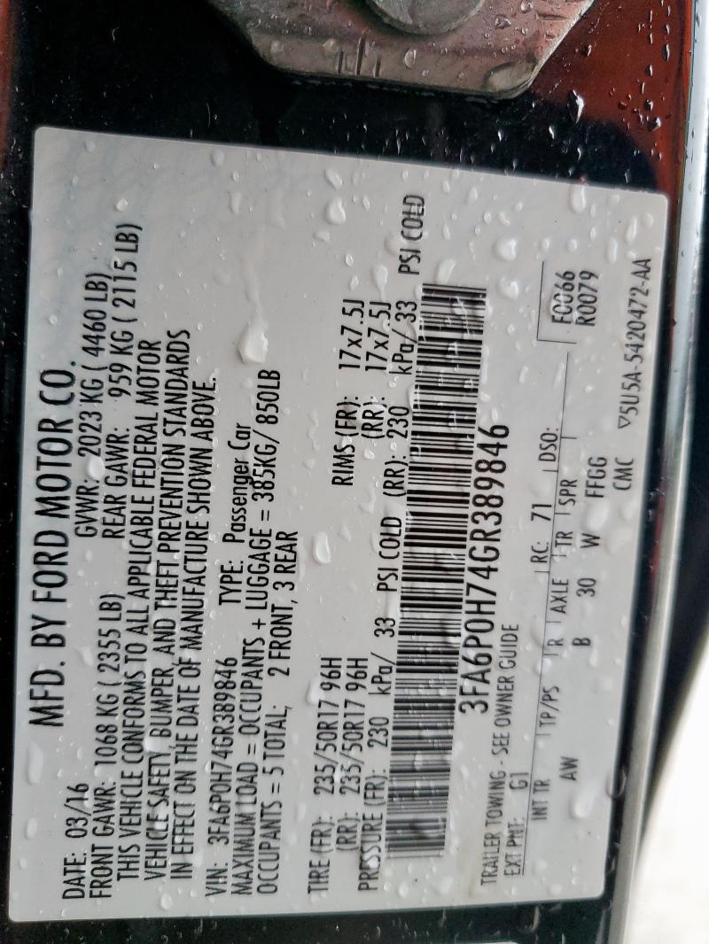 2016 FORD FUSION SE 3FA6P0H74GR389846