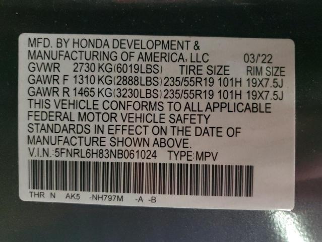 2022 HONDA ODYSSEY TO 5FNRL6H83NB061024