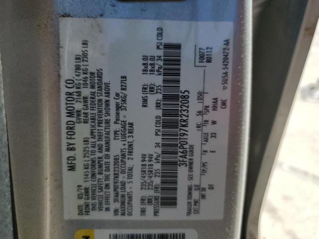 2019 FORD FUSION SE - 3FA6P0T97KR232085