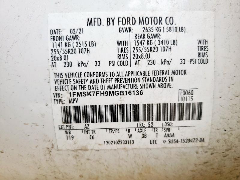 2021 FORD EXPLORER L - 1FMSK7FH9MGB16136