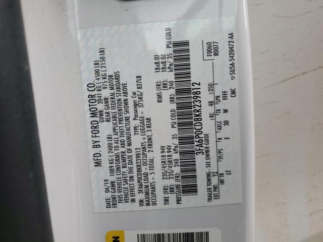 2019 FORD FUSION SEL 3FA6P0CD8KR239812