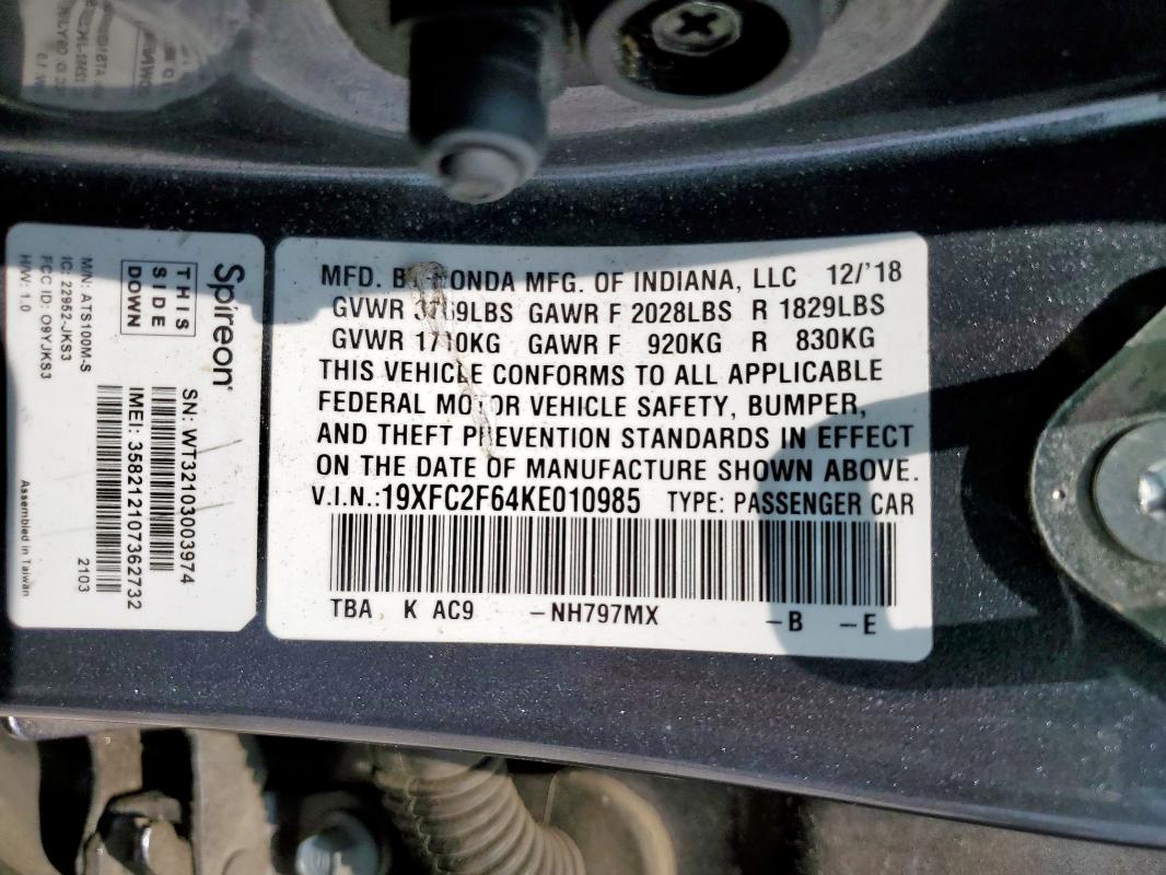 2019 HONDA CIVIC LX 19XFC2F64KE010985