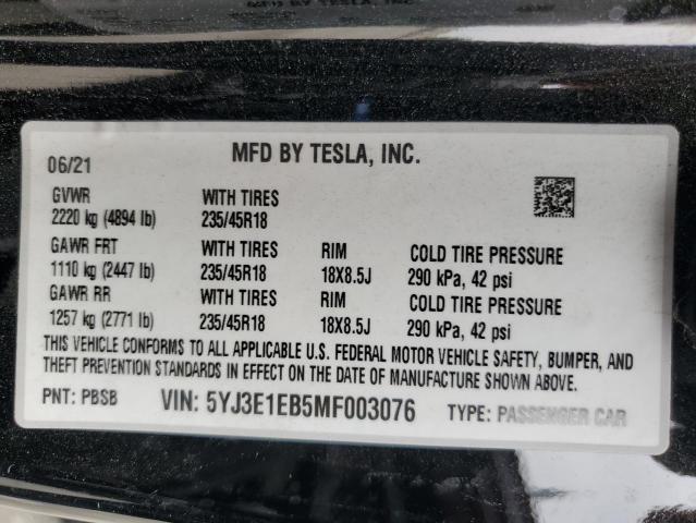 2021 TESLA MODEL 3 5YJ3E1EB5MF003076
