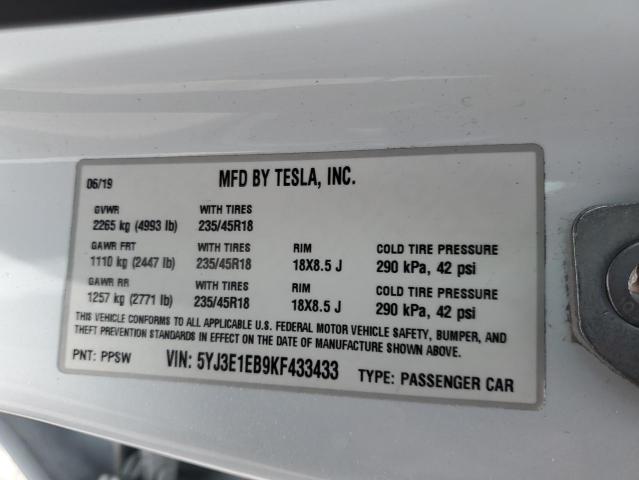 2019 TESLA MODEL 3 - 5YJ3E1EB9KF433433