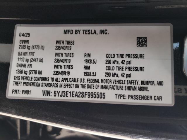 2025 TESLA MODEL 3 - 5YJ3E1EA2SF995505