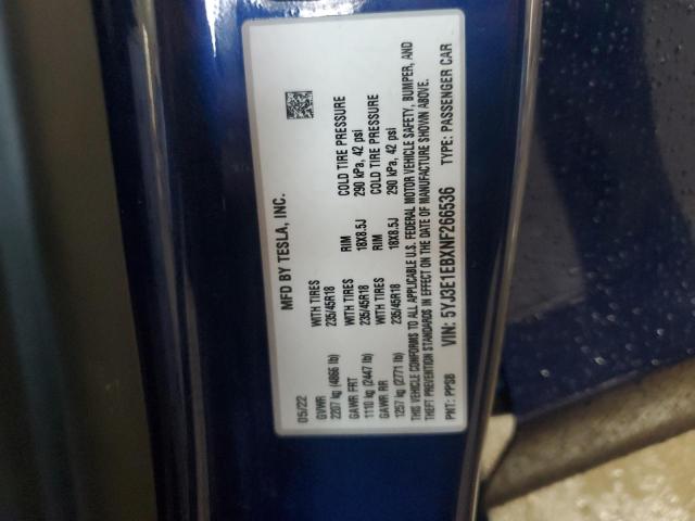 2022 TESLA MODEL 3 5YJ3E1EBXNF266536
