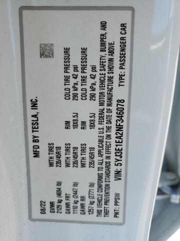 2022 TESLA MODEL 3 - 5YJ3E1EA2NF346078