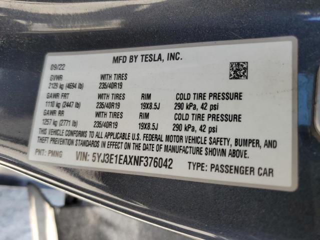 2022 TESLA MODEL 3 5YJ3E1EAXNF376042