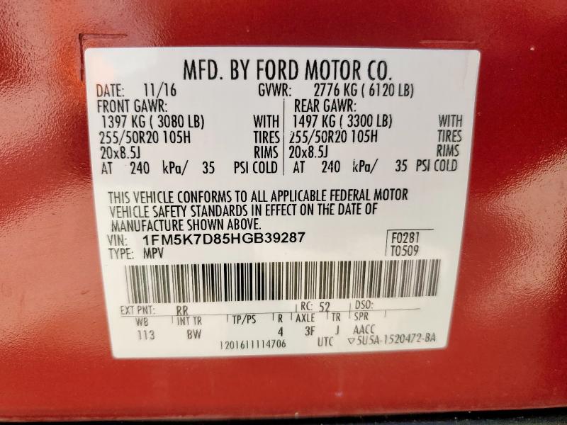 2017 FORD EXPLORER X 1FM5K7D85HGB39287