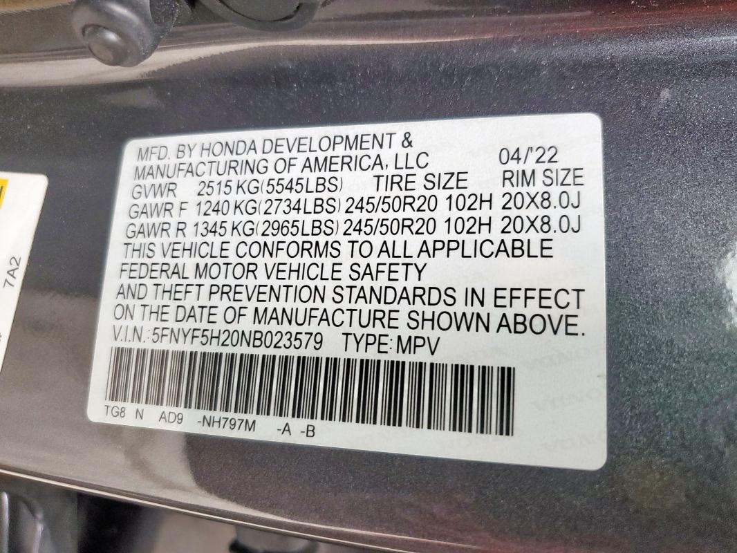 2022 HONDA PILOT SE 5FNYF5H20NB023579