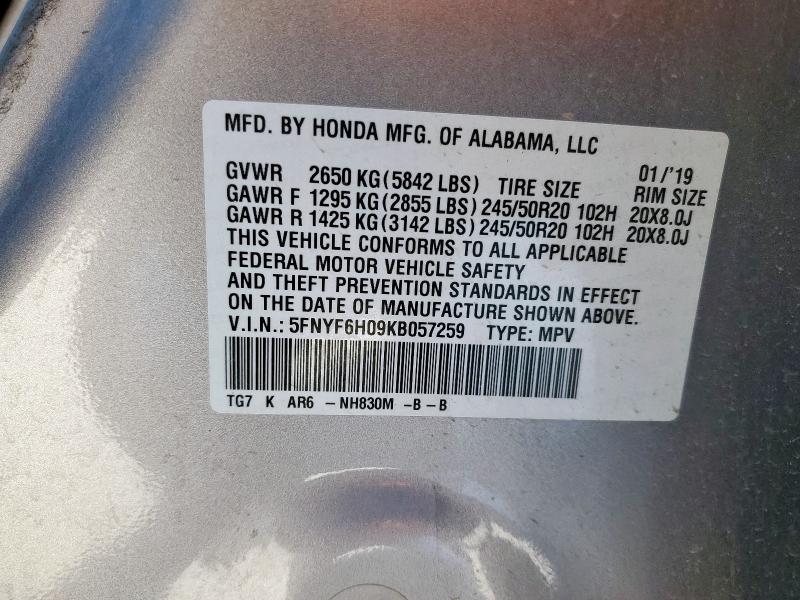 2019 HONDA PILOT ELIT 5FNYF6H09KB057259