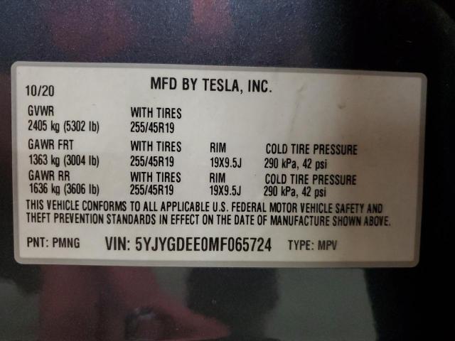 2021 TESLA MODEL Y - 5YJYGDEE0MF065724