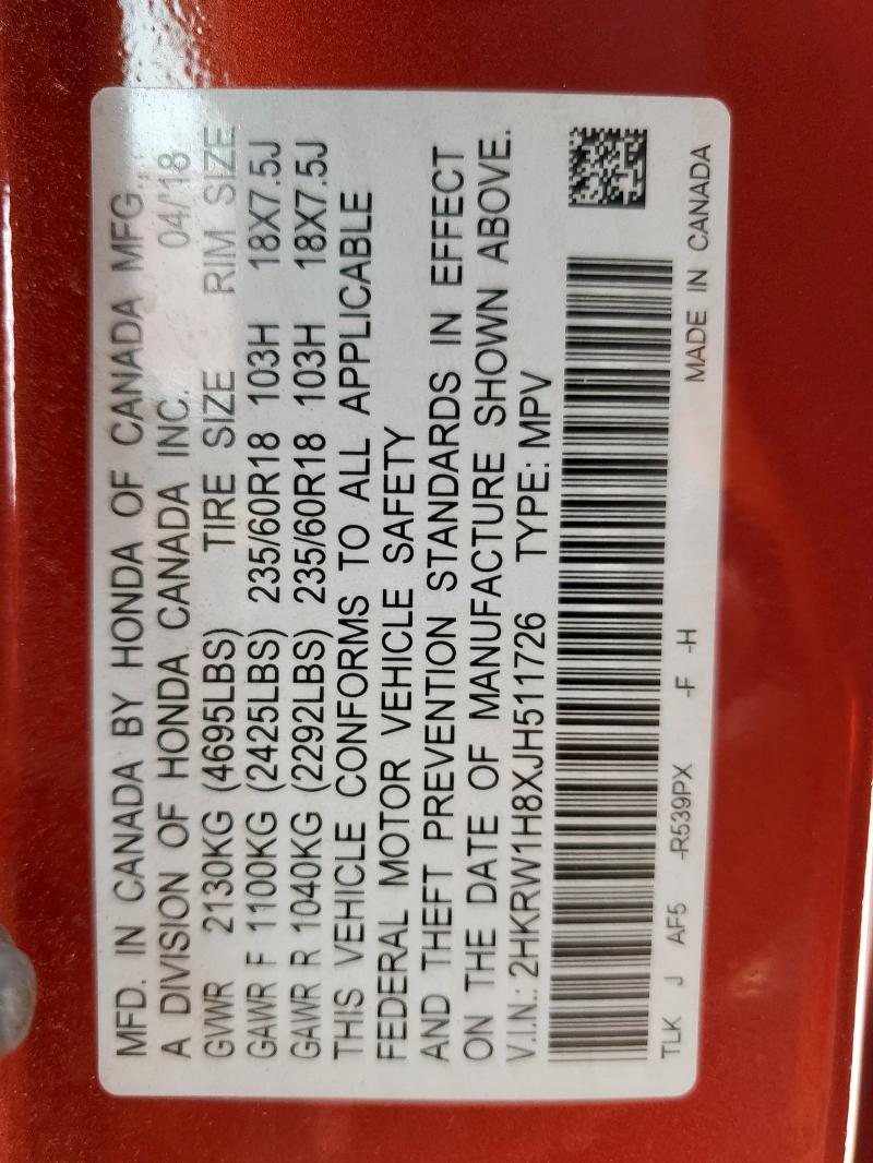 2018 HONDA CR-V EXL 2HKRW1H8XJH511726
