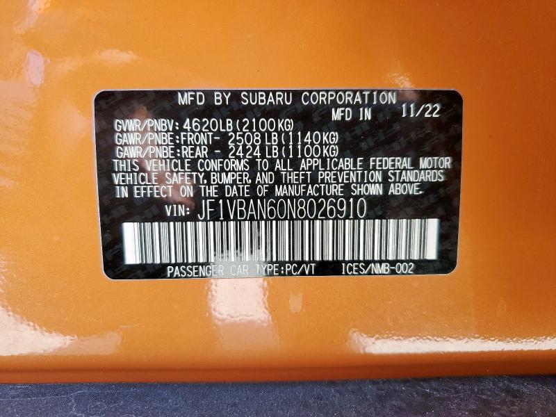 2022 SUBARU WRX LIMITE JF1VBAN60N8026910