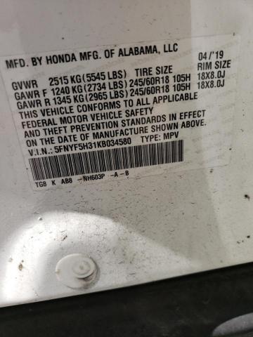 2019 HONDA PILOT EX 5FNYF5H31KB034580