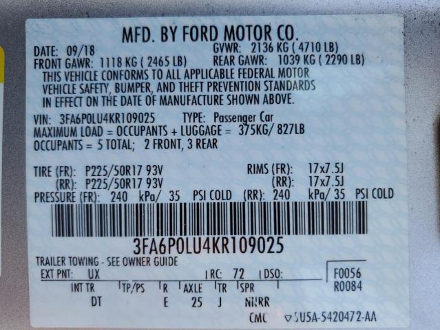 2019 FORD FUSION SE - 3FA6P0LU4KR109025