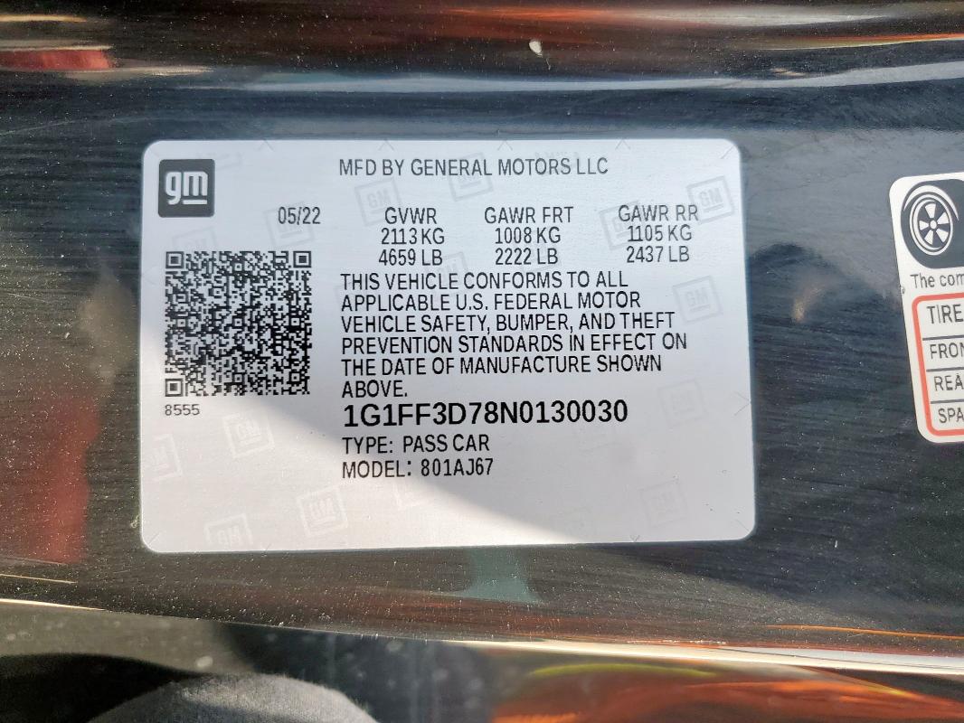 2022 CHEVROLET CAMARO LT1 1G1FF3D78N0130030