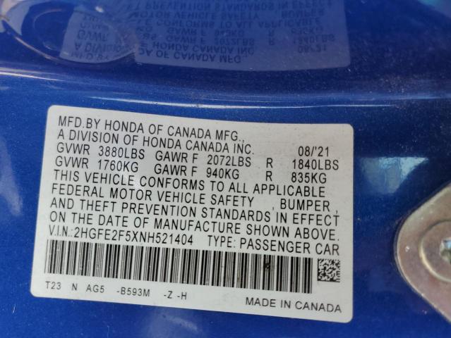 2022 HONDA CIVIC SPOR - 2HGFE2F5XNH521404