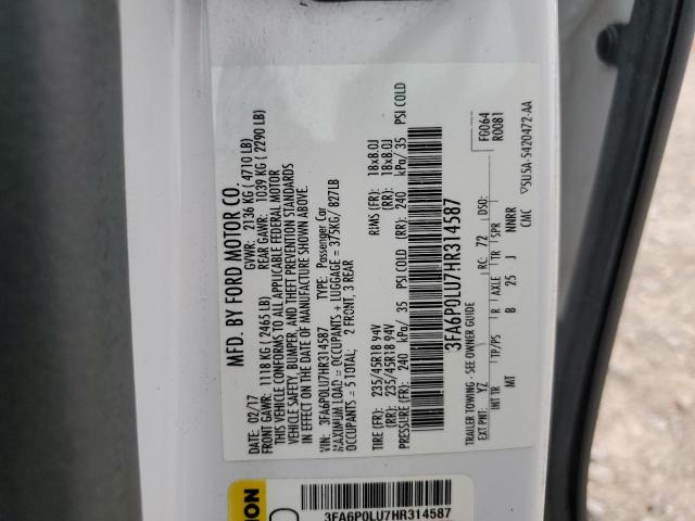 2017 FORD FUSION SE - 3FA6P0LU7HR314587