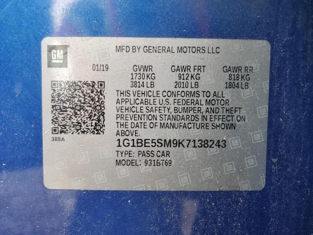 2019 CHEVROLET CRUZE LT - 1G1BE5SM9K7138243