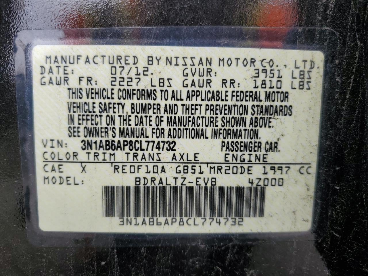 Lot #3317102010 2012 NISSAN SENTRA 2.0