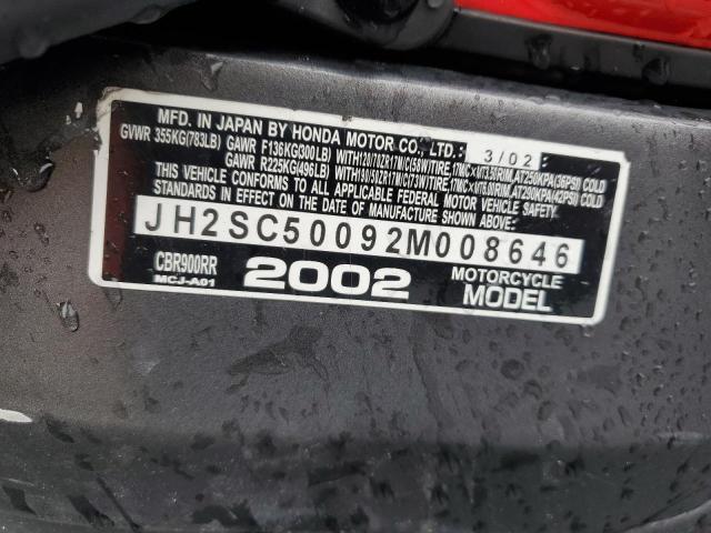2002 HONDA CBR900 RR JH2SC50092M008646