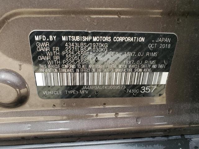 2019 MITSUBISHI OUTLANDER JA4AP3AU1KU009573