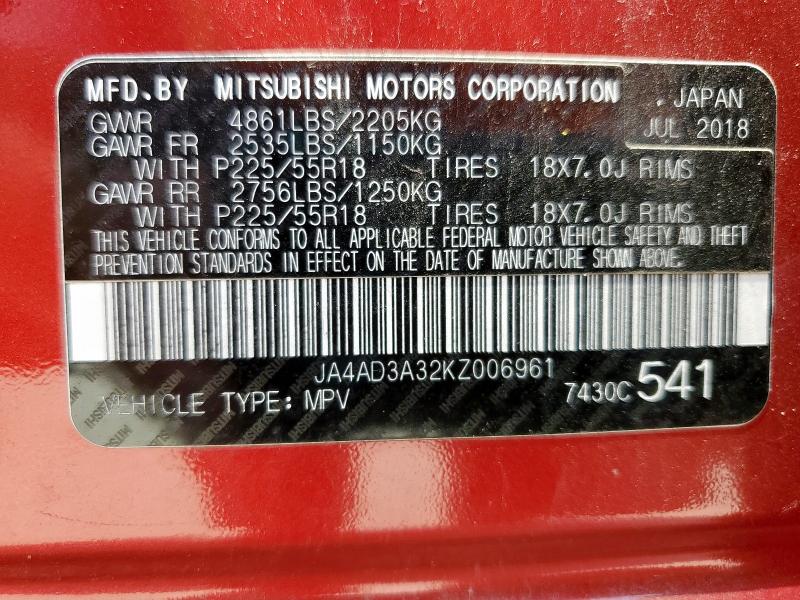 2019 MITSUBISHI OUTLANDER - JA4AD3A32KZ006961