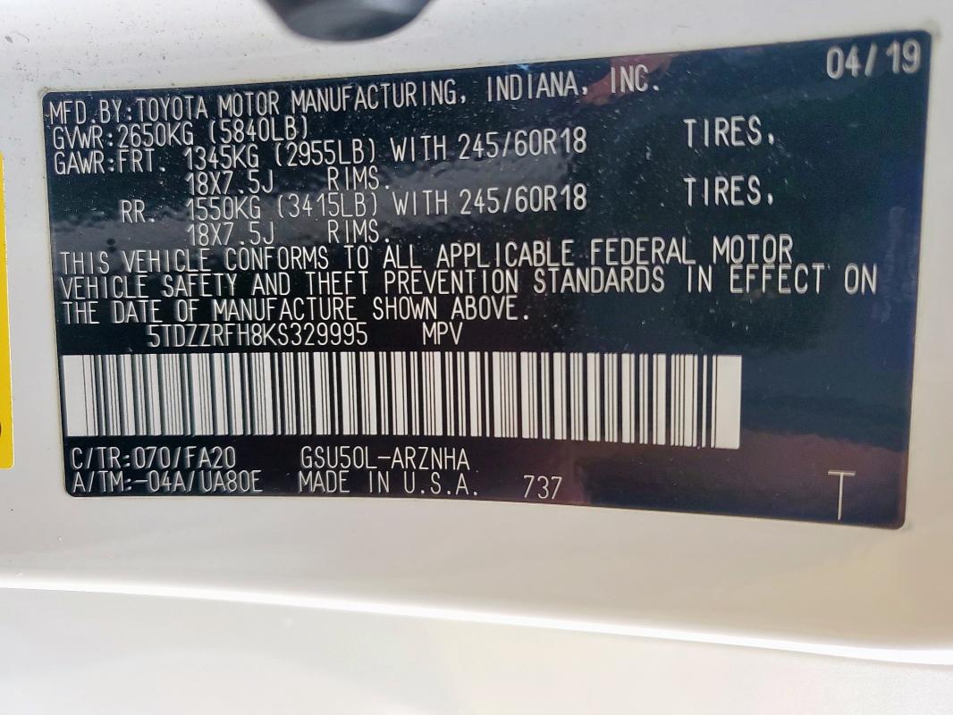 2019 TOYOTA HIGHLANDER 5TDZZRFH8KS329995